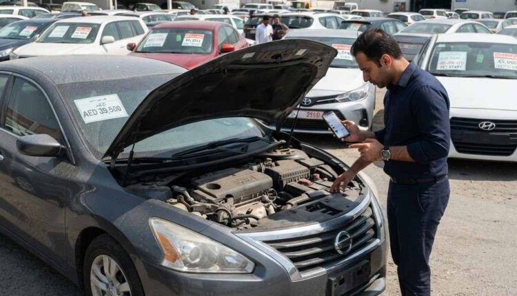 Buyer inspecting a used car at a UAE dealership before purchase|Arabwheels.ae
