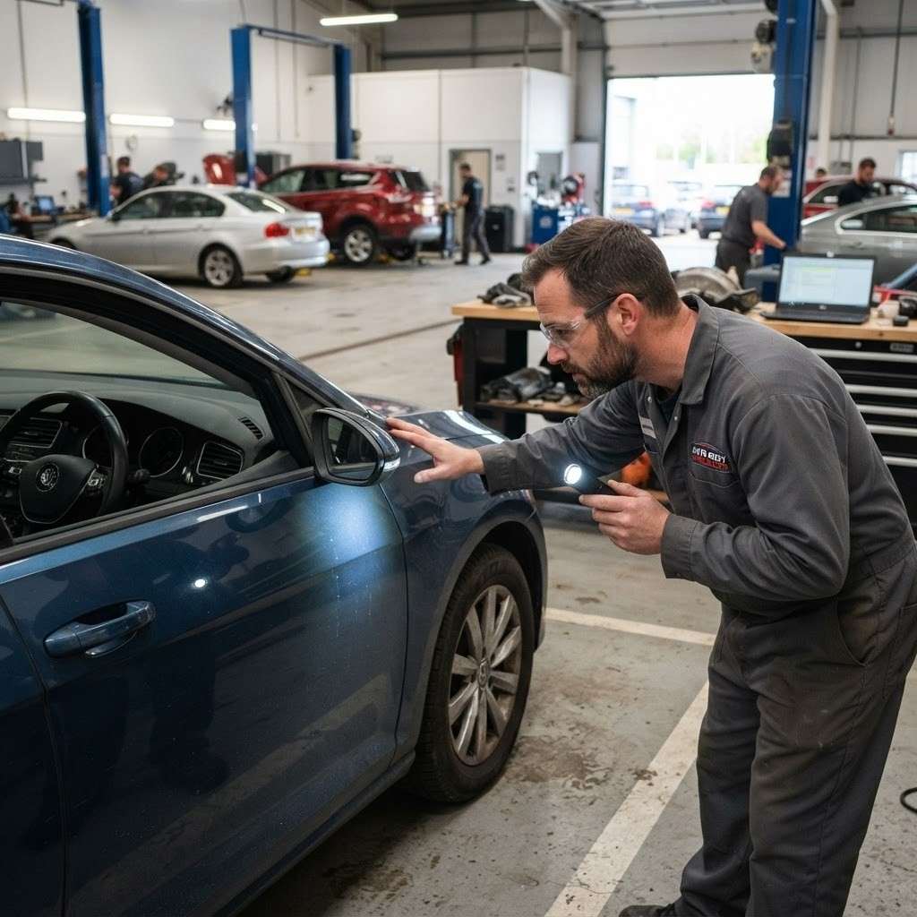Mechanic inspecting the bodywork of a used car for signs of previous repairs|Arabwheels.ae